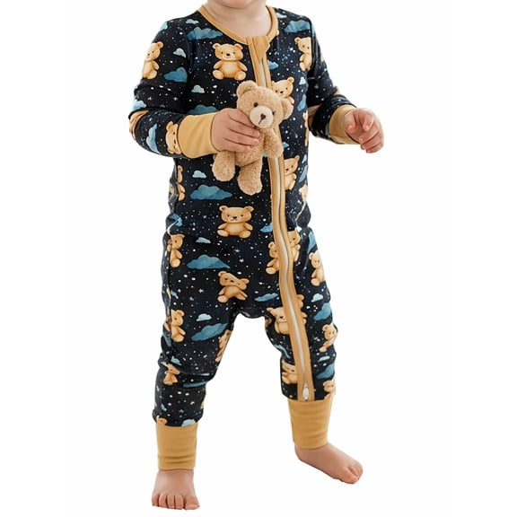ATAIKU 3-24M Newborn Baby Zipper Footless Pajamas Bamboo Long Sleeve Footed Sleepers Sleep 'N Play for Infant Toddler Boys - Clouds Bear