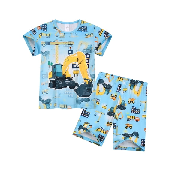 ATAIKU 3-8Y Boys' 2pcs Excavator Pajama Set Comfy Short Sleeve Top & Shorts Kids Fun Summer Sleepwear