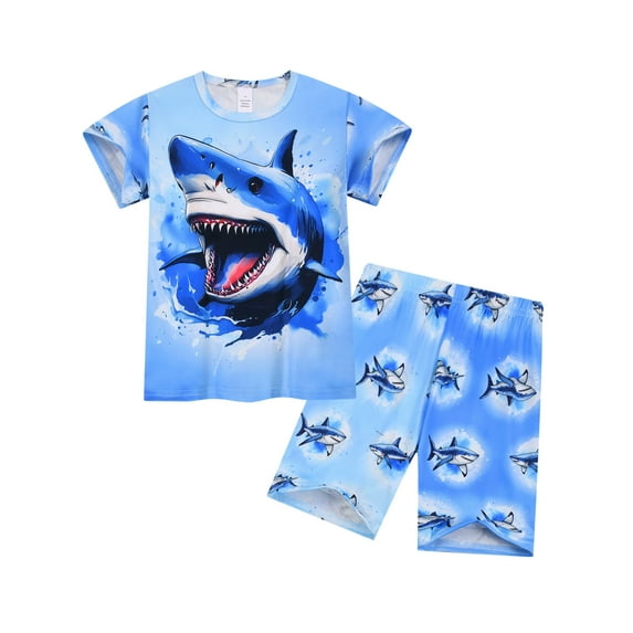 ATAIKU 3-8Y Boys' 2pcs Shark Pajama Set Comfy Short Sleeve Top & Shorts Kids Fun Summer Sleepwear