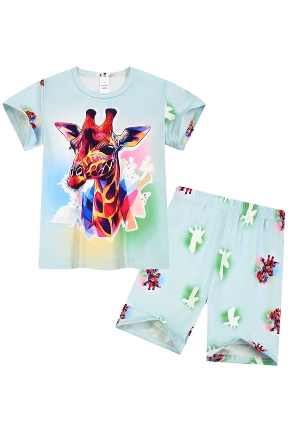 3-8Y Girls Pajamas Short Sleeve Toddler Summer Short Sets Kids Sleepwear Set - Giraffe