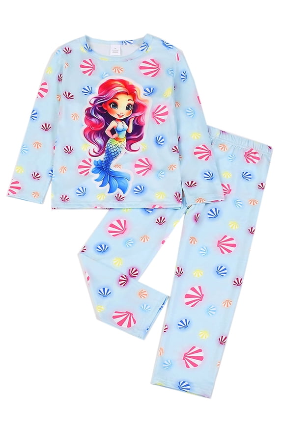 3-8Y Toddler and Little Girl Pajamas Set Kids Long Sleeve Tee and Pants Mermaid Sleepwear Girls 2-Piece Jammies