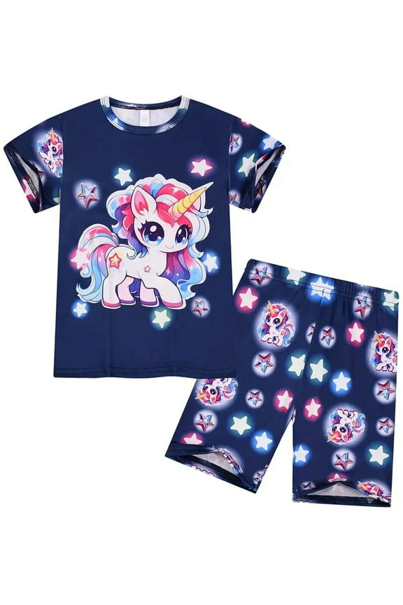 3-8Y Toddler and Little Girls Unicorn Pajamas 2-Piece Shirt & Shorts PJ Set Jammies
