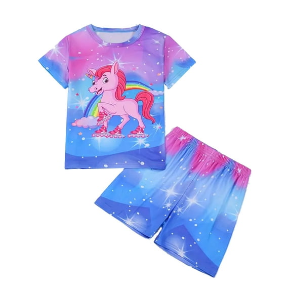 ATAIKU 3D HD Printed 3-12Y Big Girls Unicorn 2-Piece Pajamas Set Kids Girl Short Sleeve Tee and Shorts Sleepwear Toddler Pjs Jammies