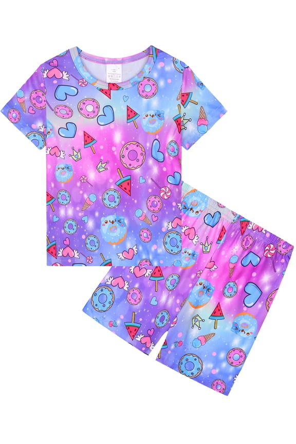 3D HD Printed 3-12Y Little Girls Donuts 2-Piece Pajamas Set Kids Girl Short Sleeve Tee and Shorts Sleepwear Toddler Pjs Jammies