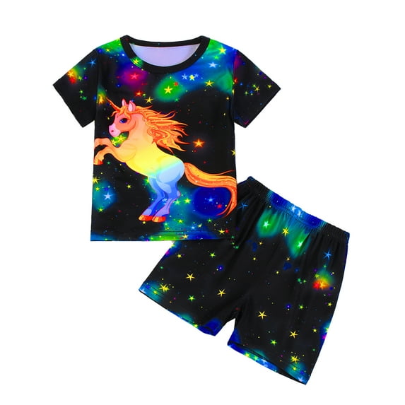 ATAIKU 3D HD Printed 3-12Y Little Girls Unicorn 2-Piece Pajamas Set Kids Girl Short Sleeve Tee and Shorts Sleepwear Toddler Pjs Jammies