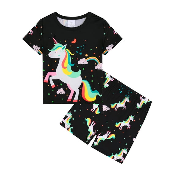 ATAIKU 3D HD Printed 3-12Y Little Girls Unicorn 2-Piece Pajamas Set Kids Girl Short Sleeve Tee and Shorts Sleepwear Toddler Pjs Jammies