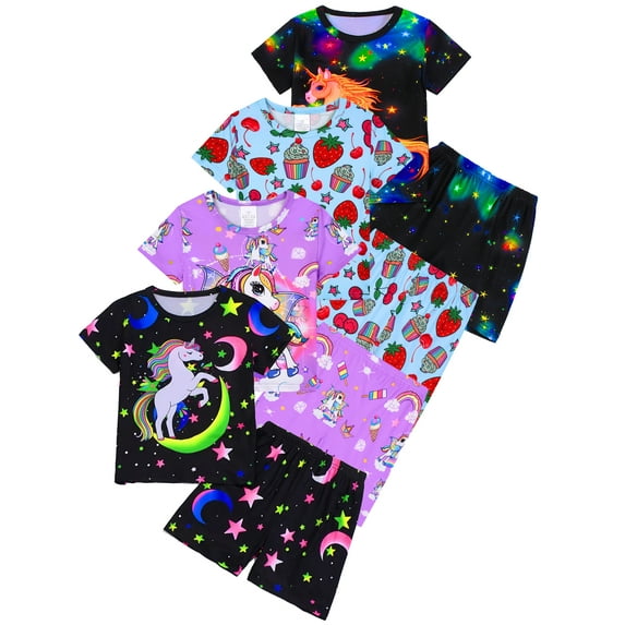 ATAIKU 3D HD Printed 3-12Y Little Girls Unicorn 2-Piece Pajamas Set Kids Girl Short Sleeve Tee and Shorts Sleepwear Toddler Pjs Jammies