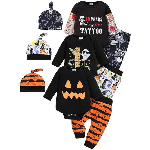 ATAIKU 3PCS Newborn Baby Boy Halloween Outfit Infant Pumpkin Long Sleeve Bodysuit Pants Hat Set 0-18 Months
