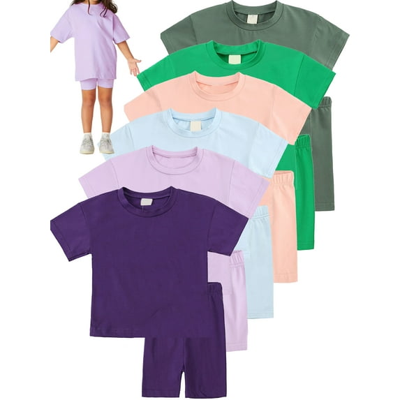 ATAIKU 6M-13Y Girls Cotton Summer 2 Piece Outfits Solid T-Shirts and Biker Shorts Kids Casual Lounge Set