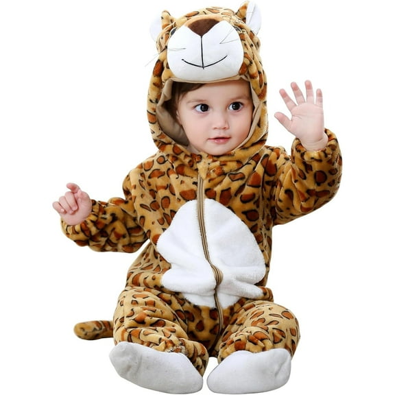 ATAIKU Baby Animal Leopard Onesie Flannel Hooded Romper for Infant Winter Playsuit Jumpsuit for Boys and Girls Toddler Overall Outfit