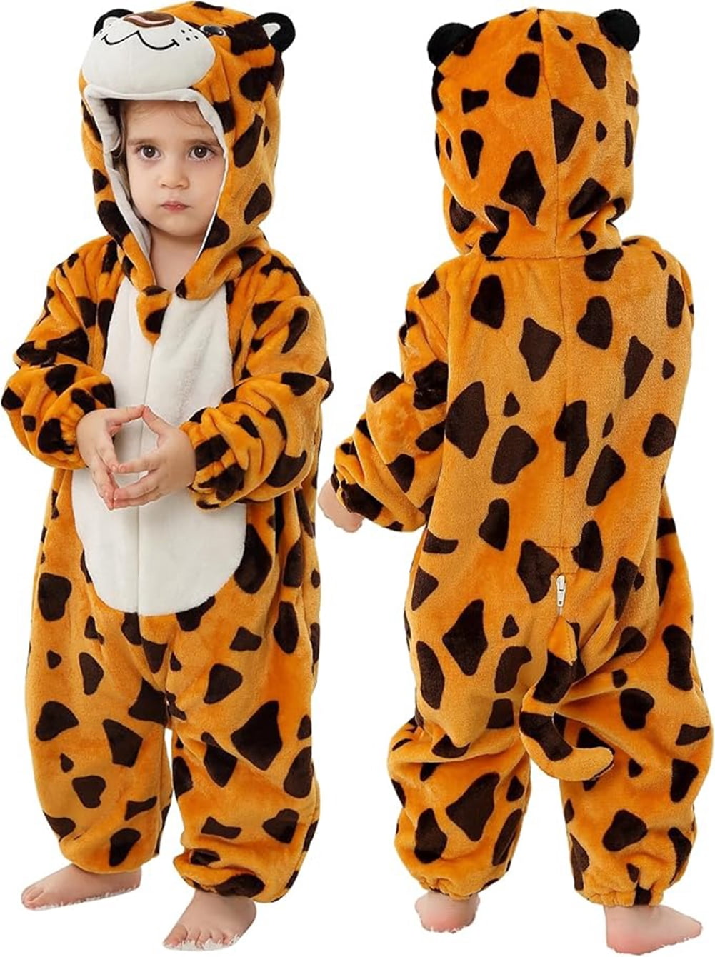 ATAIKU Baby Animal Leopard Onesie Flannel Hooded Romper for Infant Winter Playsuit Jumpsuit for Boys and Girls Toddler Overall Outfit