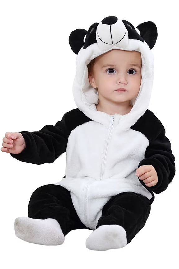 Baby Animal Panda Onesie Flannel Hooded Romper for Infant Winter Playsuit Jumpsuit for Boys and Girls Toddler Overall Outfit