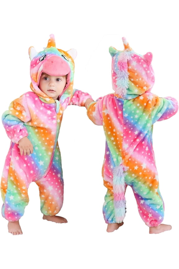 Baby Animal Unicorn Onesie Flannel Hooded Romper for Infant Winter Playsuit Jumpsuit for Boys and Girls Toddler Overall Outfit