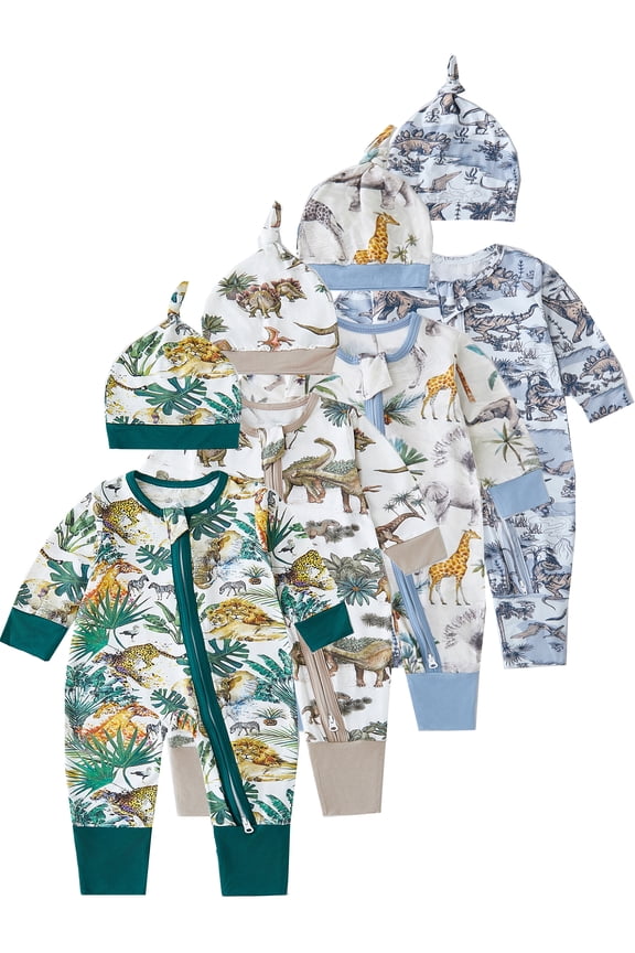 Baby Boy Bamboo Romper with Hat Animals 2Pcs Outfits Newborn Convertible Footie Pajamas Zipper Sleeper