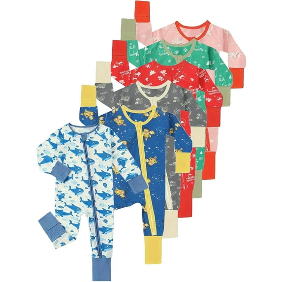 ATAIKU Baby Boys' Snug Fit One-Piece Footed / Footless Non-Slip Sleeper, 2-Way Zipper Bamboo Pajamas - Shark