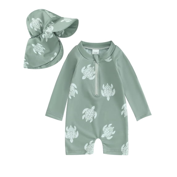 ATAIKU Baby Boys Swimsuit Turtles Toddler One Piece Zipper Bathing Suit Long Sleeve Rash Guard Swimwear Sunsuit with Sun Hat