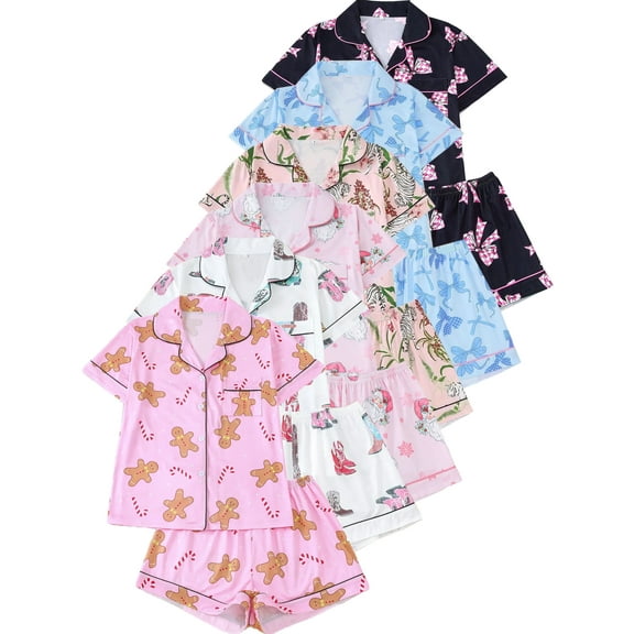 ATAIKU S-XXL Christmas Womens Pajamas Sets Xmas Short Sleeve Button Down Sleepwear Gingerbread Man 2 Piece Pjs Lounge Set