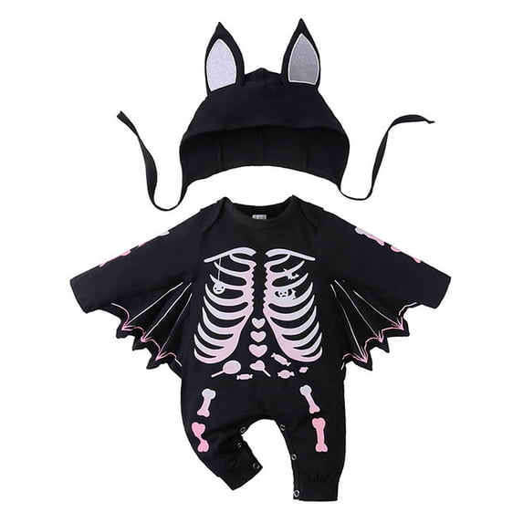 ATAIKU Halloween Infant Baby Girl Skeleton Jumpsuit Ear Hat 2pcs Outfit Toddler Bats Costumes with Wings Cosplay 6-12M