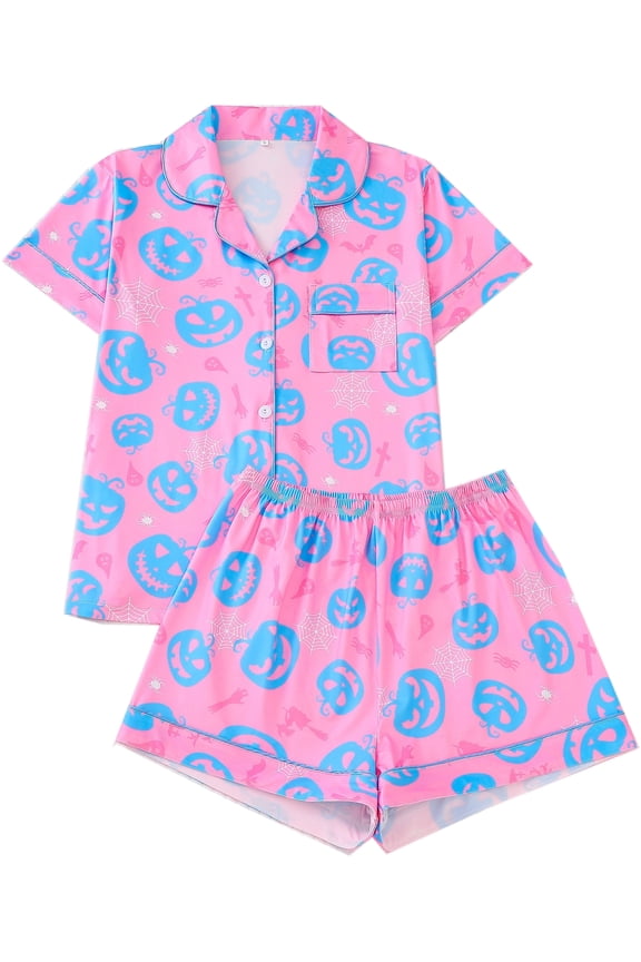 Halloween Silk Satin Pajama Set for Women 2 Piece Lounge Pjs Shorts Matching Ghost Pumpkin Sleepwear Button Down Shirt Shorts