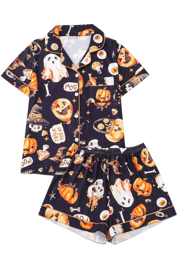 Halloween Silk Satin Pajama Set for Women 2 Piece Lounge Pjs Shorts Matching Ghost Pumpkin Sleepwear Button Down Shirt Shorts