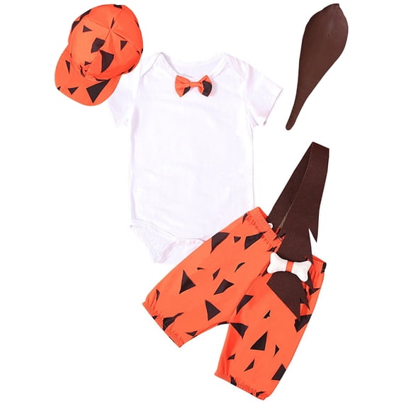 ATAIKU Infant Baby Boys Halloween Caveman Outfits Newborn Romper + Suspenders Shorts + Hat + Bat 4pcs Historical Stone Age