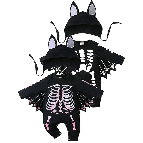 ATAIKU Infant Baby Girl Halloween Skeleton Bat Wings Romper with Hat, My First Halloween Outfits Set 6-12 Months