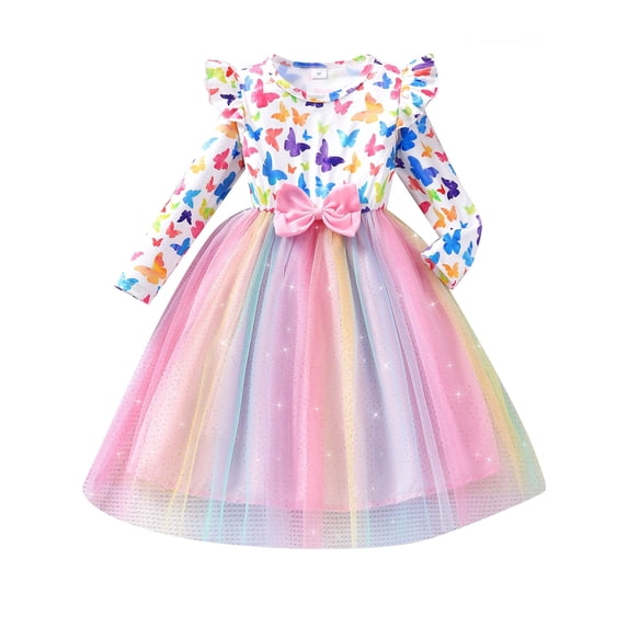 ATAIKU Little Girls Butterfly Tulle Dresses Toddler Kids Long Sleeve Christmas Wedding Birthday Party Sparkle Tutu Dress 5T