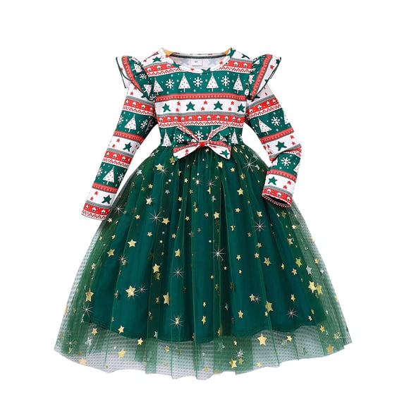 ATAIKU Little Girls Christmas Tree Tulle Dresses Toddler Kids Long Sleeve Wedding Birthday Party Sparkle Tutu Dress 3T