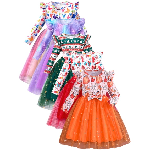 ATAIKU Little Girls Pumpkin Tulle Dresses Toddler Kids Long Sleeve Halloween Wedding Birthday Party Sparkle Tutu Dress 5T