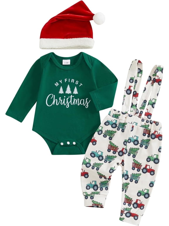 Newborn Baby Boy My First Christmas Outfits Infant Romper Cute Suspender Pants Overalls Outfits 3Pcs Clothes 0-3M
