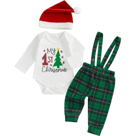 ATAIKU Newborn Baby Boy My First Christmas Outfits Infant Romper Cute Suspender Pants Overalls Outfits 3Pcs Clothes 6-9M