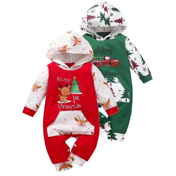 ATAIKU Newborn Baby Girls Boys My 1st Christmas Hooded Romper Infant Toddler Cotton Jumpsuit Xmas Fall Winter Outfits