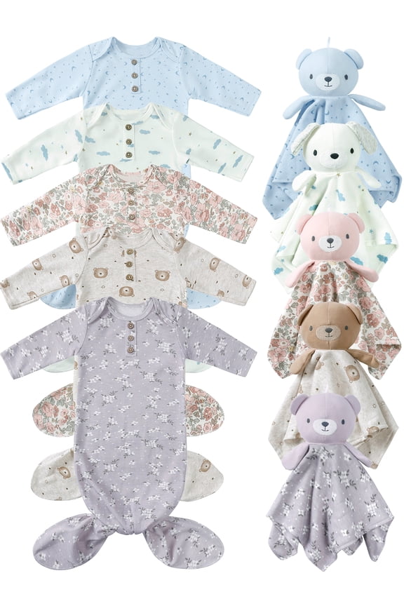Newborn Baby Knotted Gown Infant Cotton Long Sleeve Sleeper with Mitten Cuffs, Baby Girl and Boy Sleep Gown 1PCS Purple