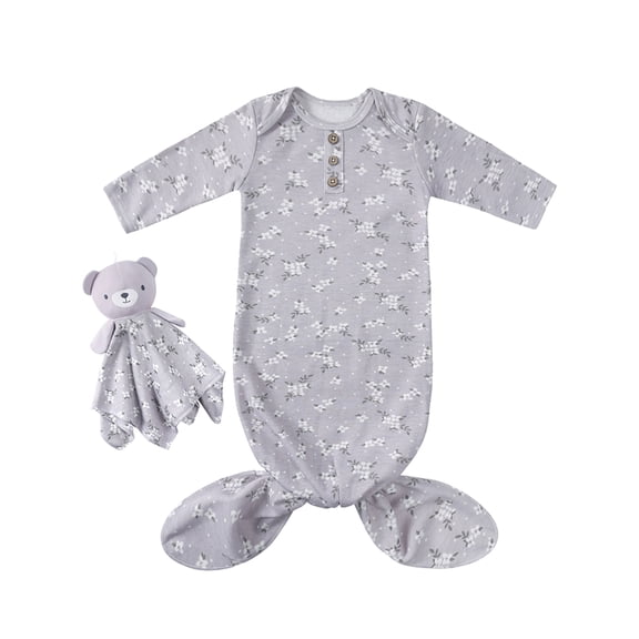 ATAIKU Newborn Baby Knotted Sleep Gown Infant Cotton Long Sleeve Sleeper with Bear Security Blanket Snuggle Toy