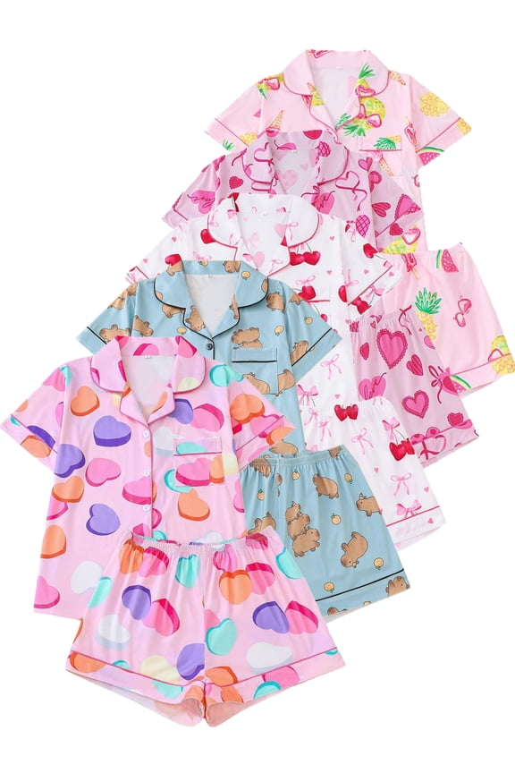 S-XXL Valentine's Day Womens Pajamas Set Love Heart Short Sleeve Button Down Sleepwear Top and Shorts 2 Piece Pjs