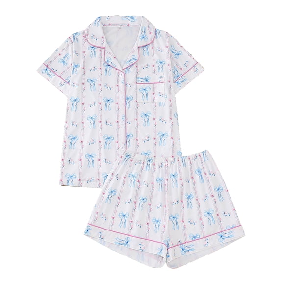 ATAIKU S-XXL Womens Pajamas Set Bow Print Short Sleeve Button Down Sleepwear Top and Shorts 2 Piece Pjs Lounge Set