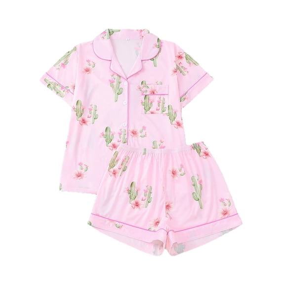 ATAIKU S-XXL Womens Pajamas Set Cactus Print Short Sleeve Button Down Sleepwear Top and Shorts 2 Piece Pjs Lounge Set