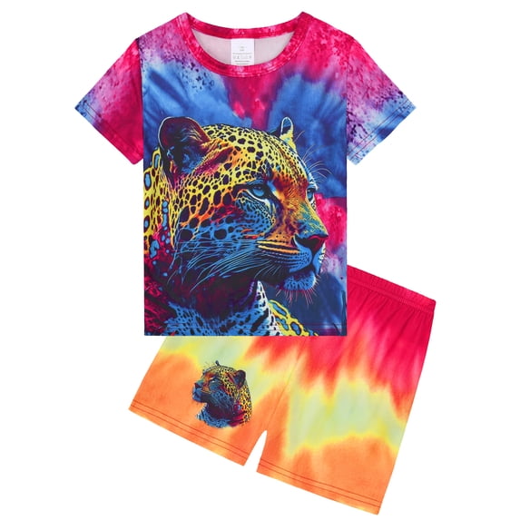 ATAIKU Summer Pajamas for Boys Leopard Short Sleeve 2-Piece PJs Set Toddler Kid Comfy Sleepwear Size 3-12Y