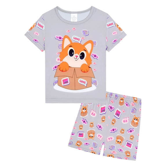 ATAIKU Summer Pajamas for Girls Cat Short Sleeve 2-Piece PJs Set Toddler Kid Comfy Sleepwear Size 3-12Y