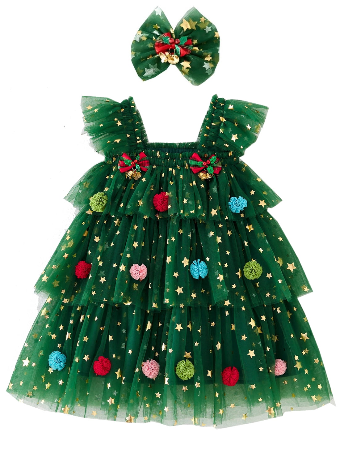 toddler christmas tree dress ATAIKU Girls Kids Girls Xmas Glitter Star Pompom Embroidery Tulle Tiered Holiday Dresses with Headband this festive smocked diaper