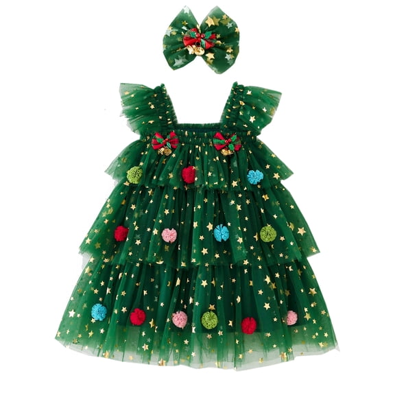 ATAIKU Toddler Girls Christmas Tree Dress Kids Girls Xmas Glitter Star Pompom Embroidery Tulle Tiered Holiday Dresses with Headband