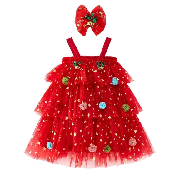 ATAIKU Toddler Girls Christmas Tree Dress Kids Girls Xmas Glitter Star Pompom Embroidery Tulle Tiered Holiday Dresses with Headband