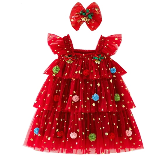 ATAIKU Toddler Girls Christmas Tree Dress Kids Girls Xmas Glitter Star Pompom Embroidery Tulle Tiered Holiday Dresses with Headband
