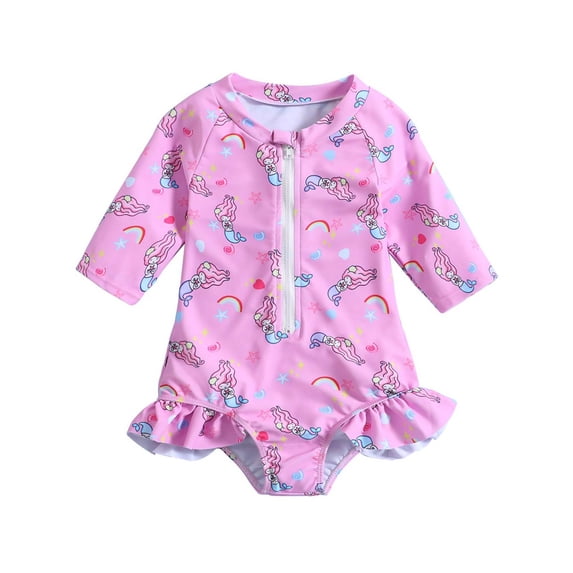 ATAIKU Toddler Girls Long Sleeve Swimsuit Baby One Piece Ruffle Zipper Rash Guard Bathing Suit UPF 50+ Kid Mermaid Swimwear 1-6 Years