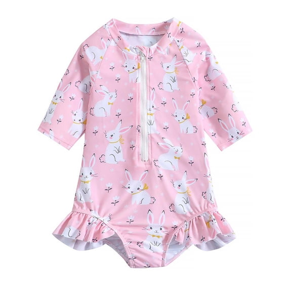 ATAIKU Toddler Girls Long Sleeve Swimsuit Baby One Piece Ruffle Zipper Rash Guard Bathing Suit UPF 50+ Kid Rabbit Swimwear 1-6 Years