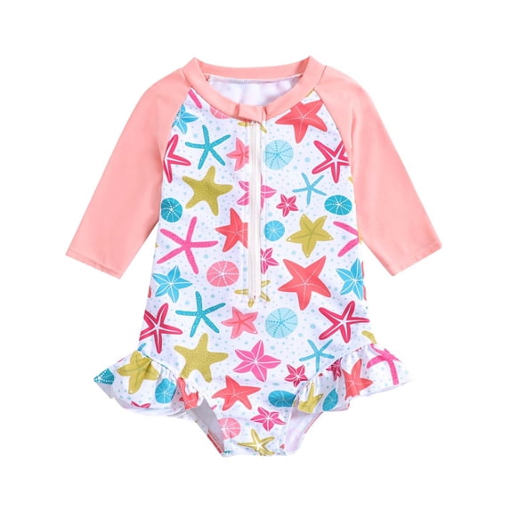 ATAIKU Toddler Girls Long Sleeve Swimsuit Baby One Piece Ruffle Zipper Rash Guard Bathing Suit UPF 50+ Kid Starfish Swimwear 1-6 Years