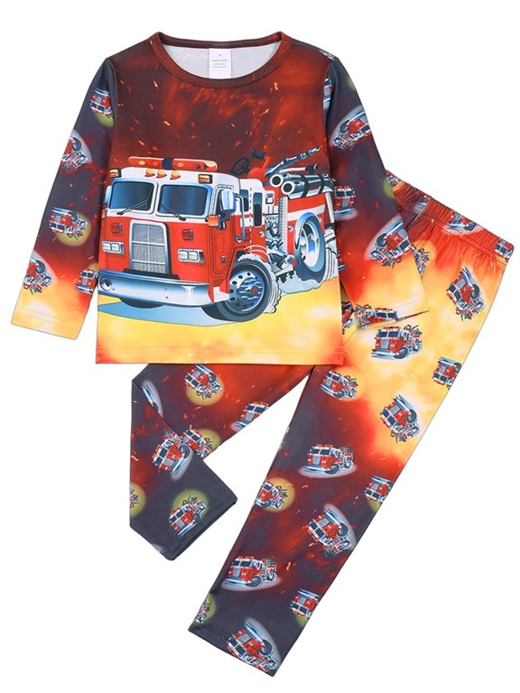 Toddler and Little Boy Pajamas Set Kids Long Sleeve Tee and Pants Fire Truck Sleepwear Boys 2-Piece Jammies 5T