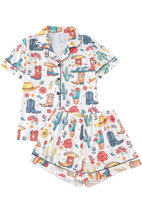 Womens Pajamas Sets Cowboy Boot Short Sleeve Button Down Sleepwear Top and Shorts 2 Piece Pjs Lounge Set S-XXL