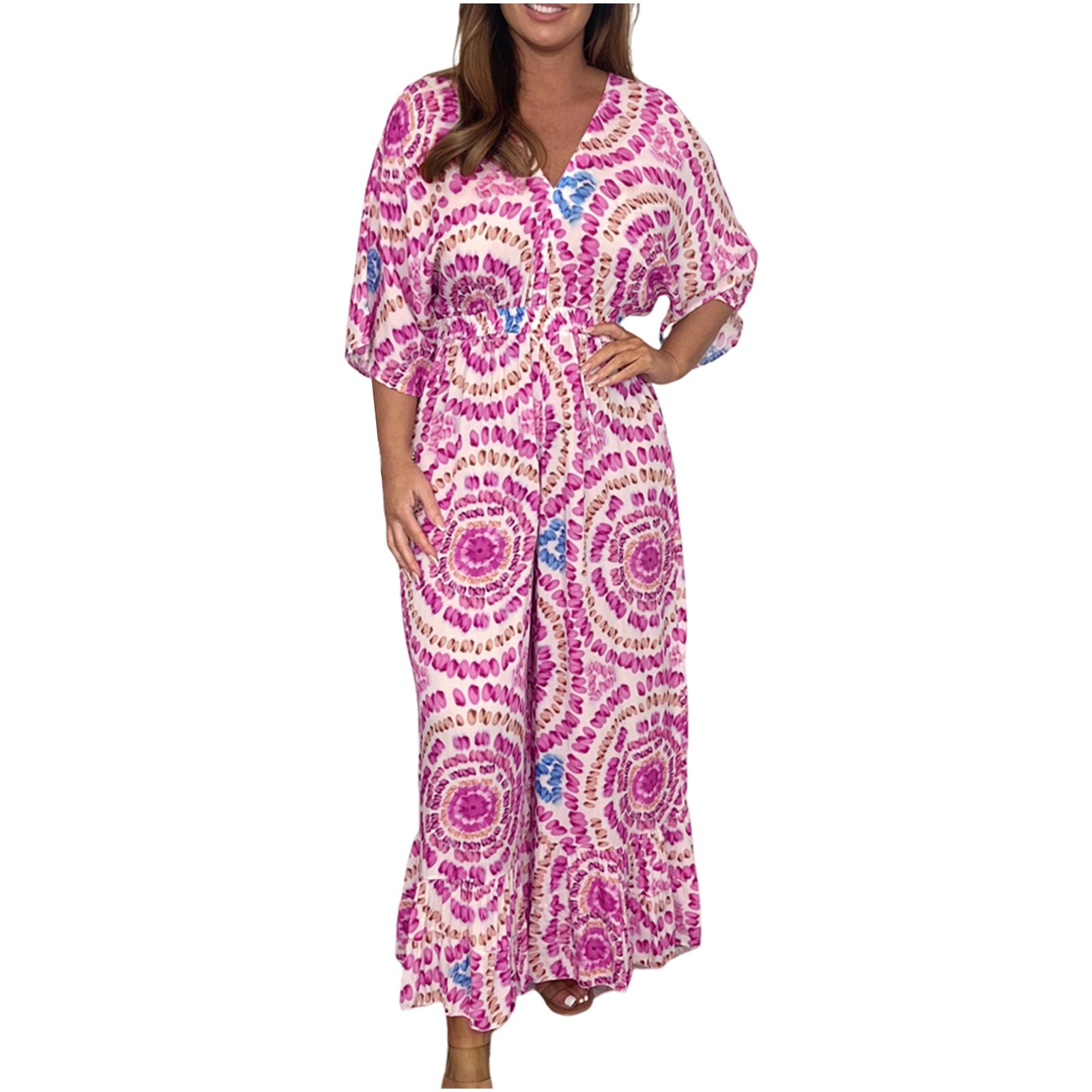 ATOG Women's Boho Floral Print Jumpsuit - Wide Leg Summer Romper With Pockets