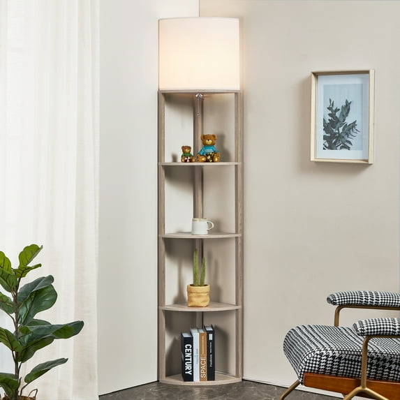 ATAMIN Alvis Edge Tall Standing Modern Corner Floor Lamp with Shelves, Decorative Floor Lamp, Rustic Wood, 72"
